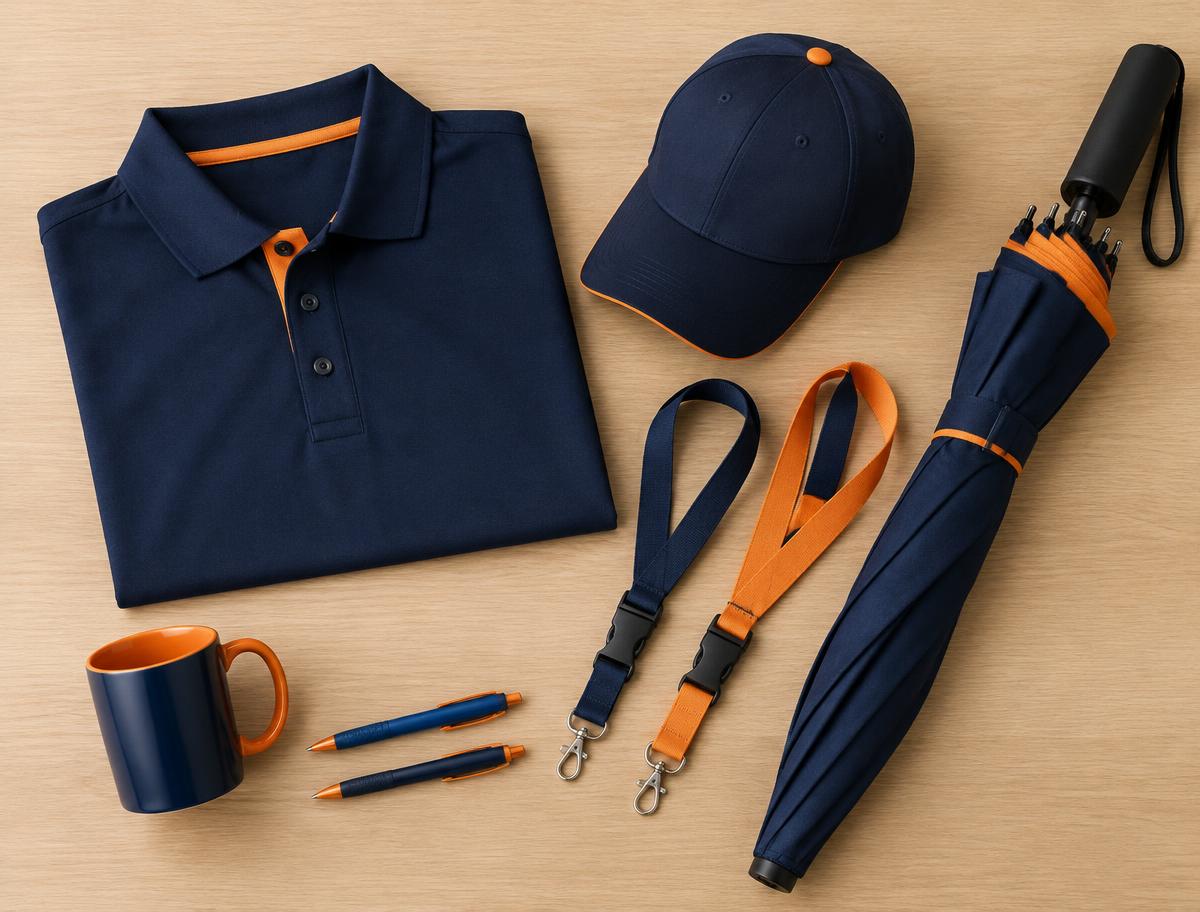 Navy and orange branded polo shirt, cap, umbrella, lanyards, pens and mug