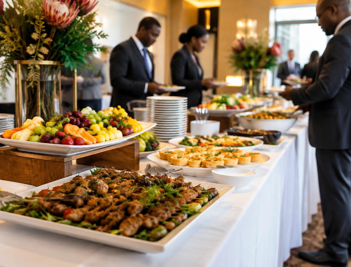 Professionally presented corporate catering buffet at a business event