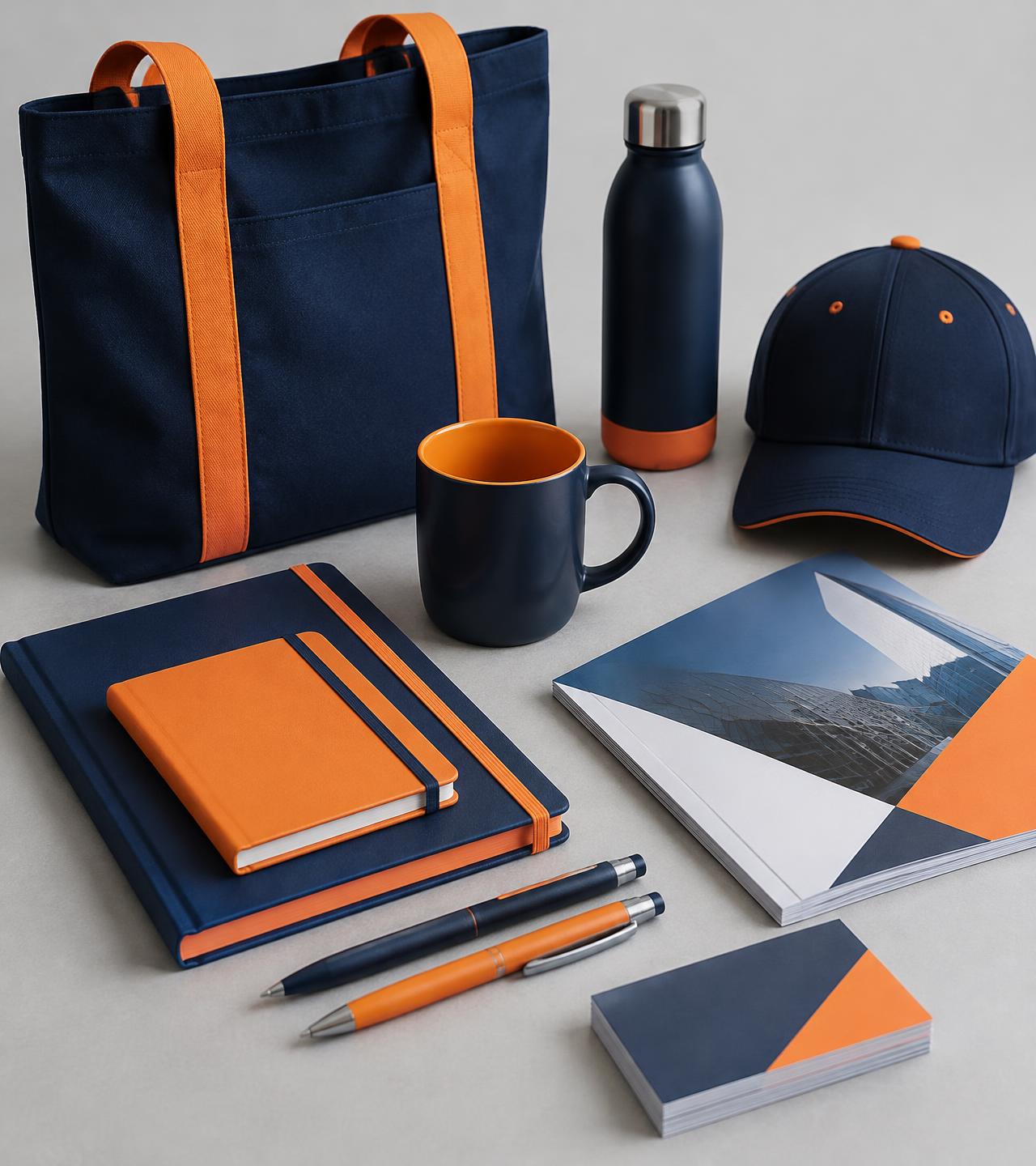 Collection of branded corporate merchandise and printed materials