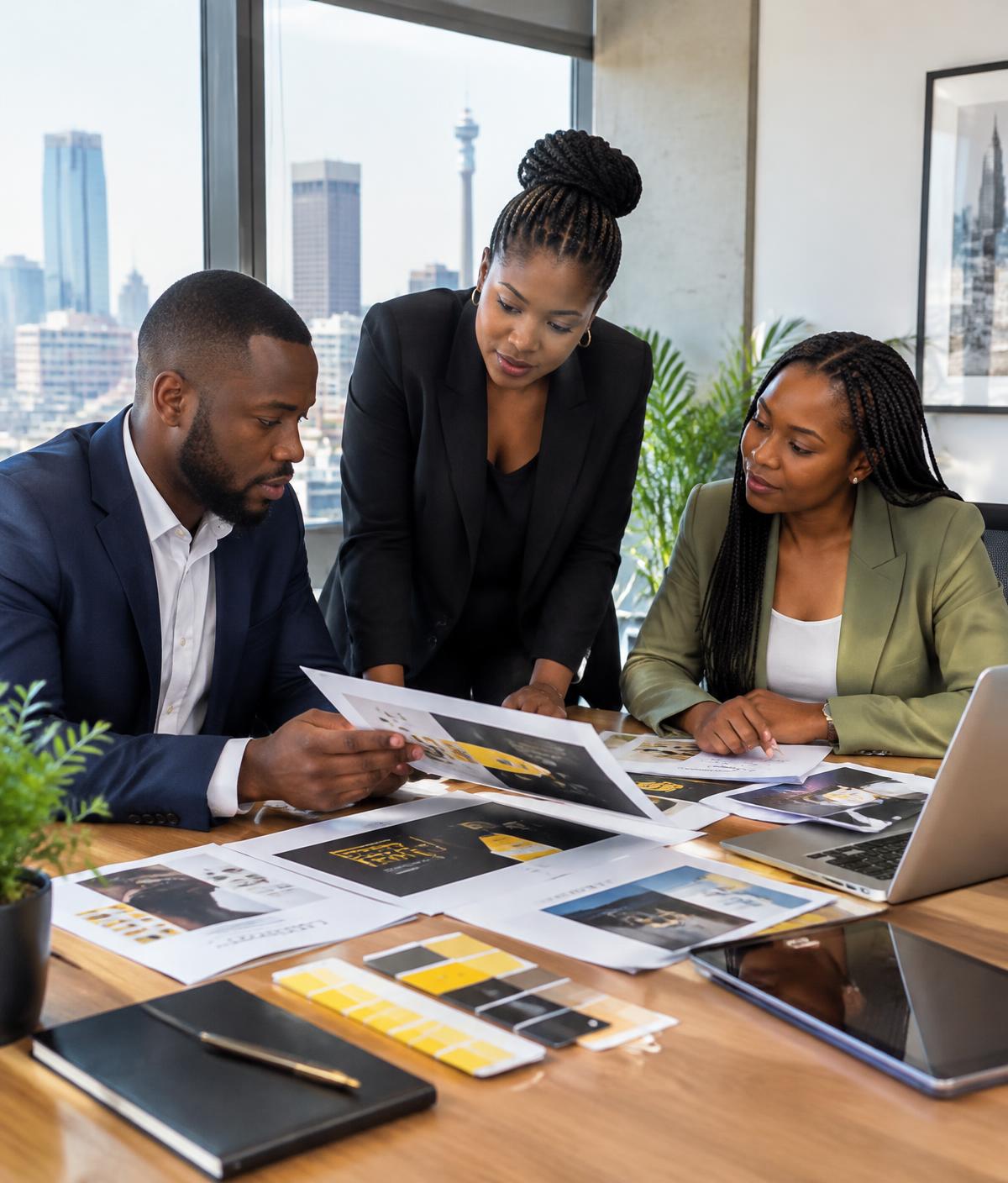 Professional team reviewing printed branding samples together